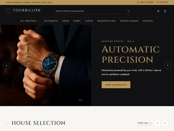 Tourbillon theme preview: dark luxury header, gold accents and a watch hero image