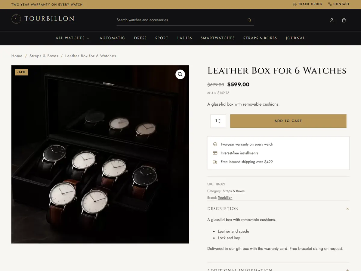 Tourbillon single product page with gallery and add to cart