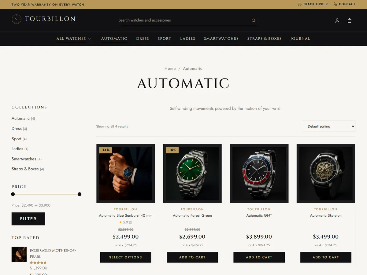 Tourbillon shop page with product grid and filters